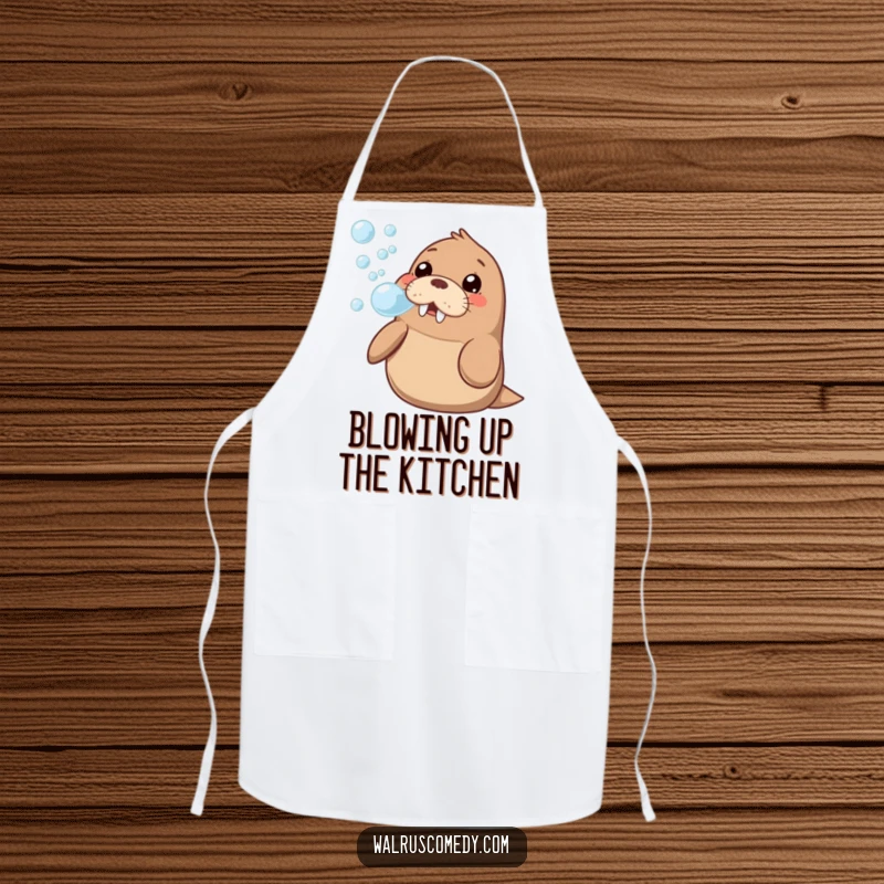Funny kawaii walrus blowing a stream of bubbles, looking happy and curious, printed on a functional and funny kitchen apron.