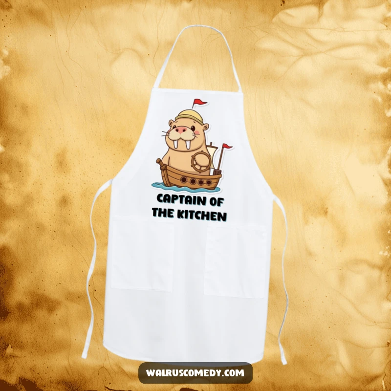 Funny walrus apron showing an adventurous walrus steering a tiny ship, a humorous apron for aspiring chefs.