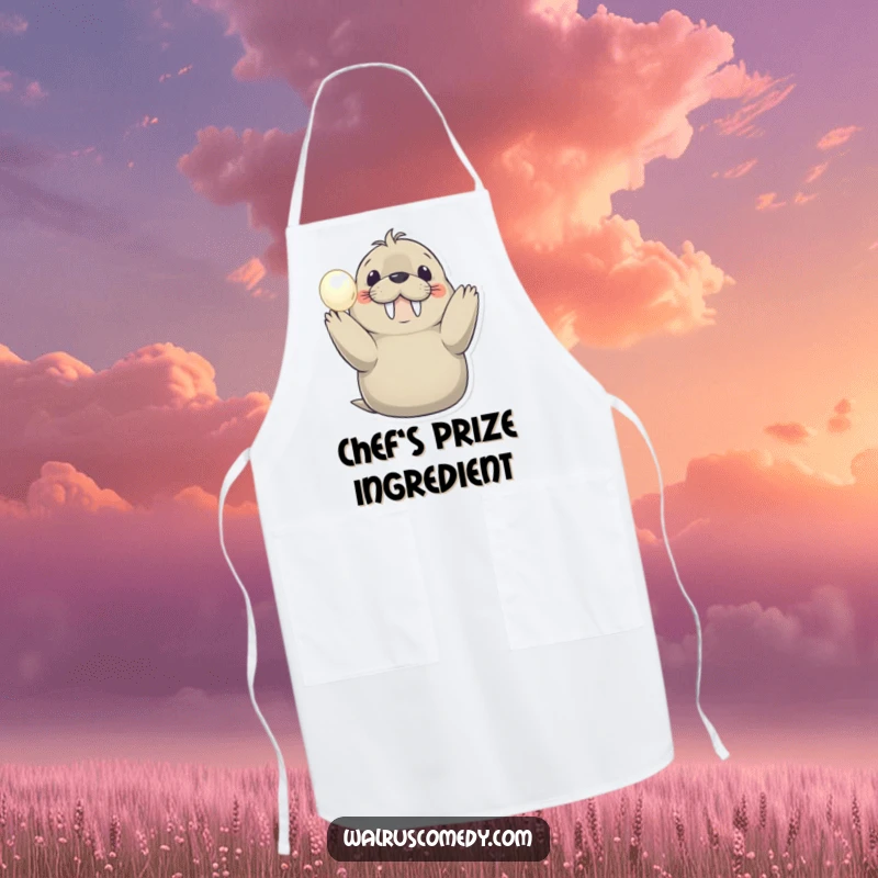 Funny apron featuring a smiling walrus proudly holding a shimmering pearl, perfect for a chef who enjoys humor and a touch of luxury.