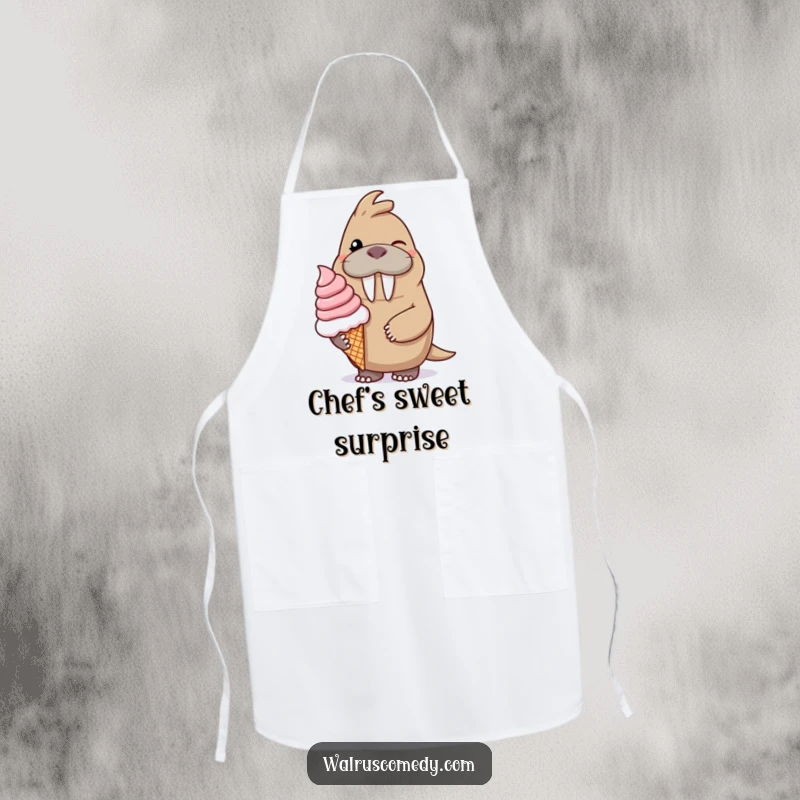 Funny apron showing a winking walrus character offering a giant ice cream cone, ready for sweet kitchen creations.