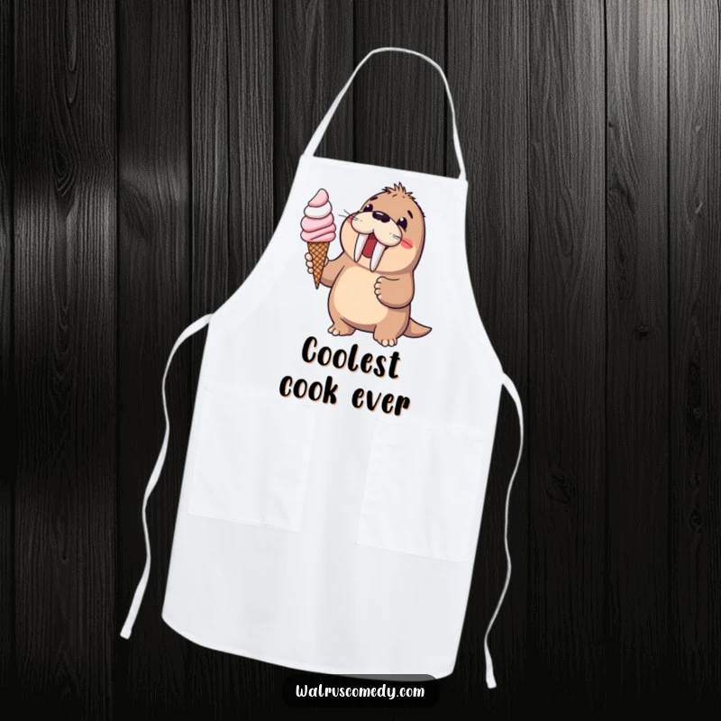 Funny walrus offering ice cream on a functional apron, perfect for kitchen tasks with a humorous, sweet flair, a brilliant funny gift.
