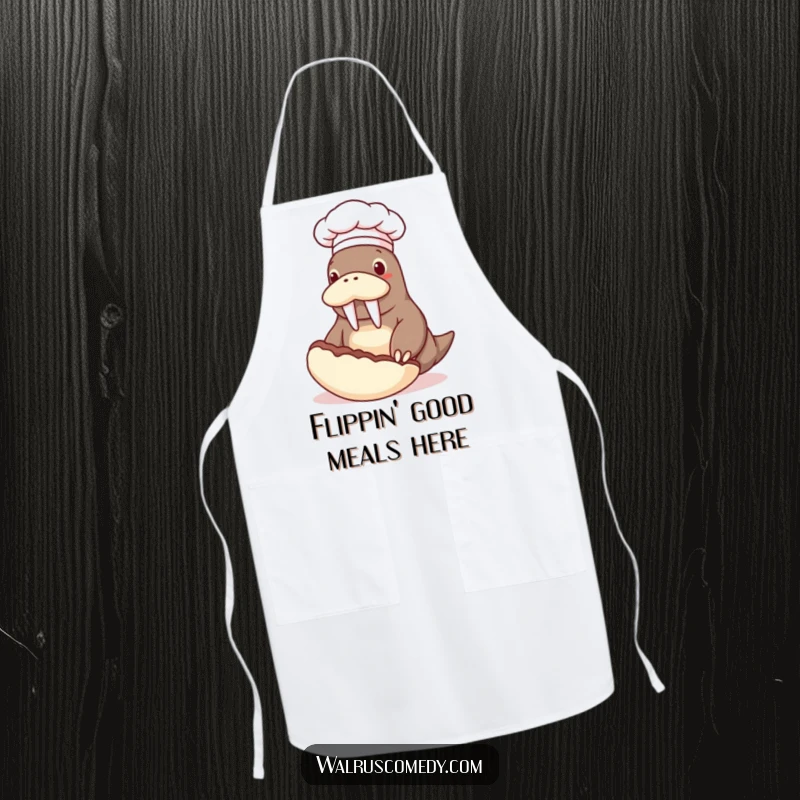 Funny apron showing a walrus chef in a hat skillfully flipping a giant clam, perfect for humorous kitchen protection.