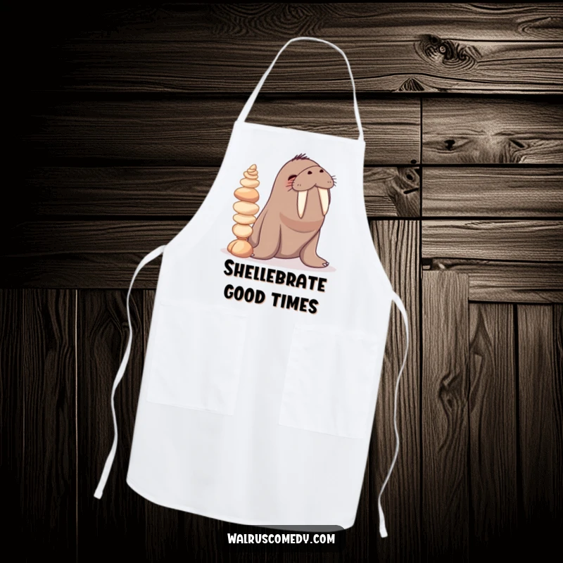 Funny apron showing a giggling walrus character balancing a stack of seashells on its tusks, ready for kitchen fun.