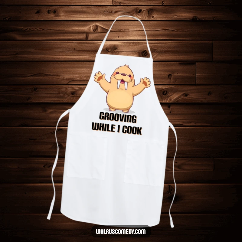Funny Kawaii Walrus Apron: A walrus dances with flippers high and a grin, making cooking and kitchen tasks incredibly funny and enjoyable.