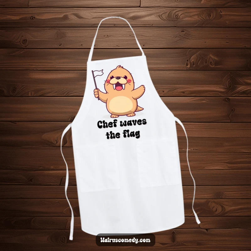 Funny Apron with a kawaii walrus gleefully waving a tiny flag with a cheerful, excited expression.