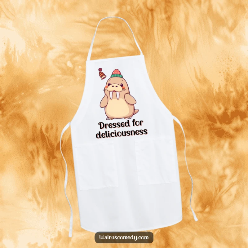 Funny Apron with a kawaii walrus playfully balancing a small, whimsical hat on its tusk, smiling charmingly.