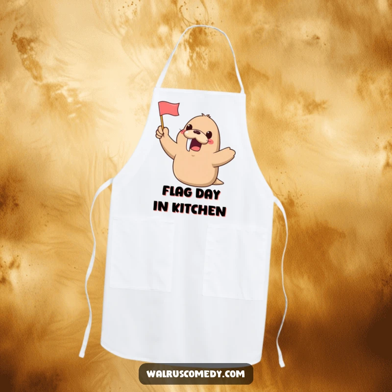 Funny Kawaii Walrus Apron: A happy walrus cheerfully waves a small flag while cooking, making kitchen tasks fun and humorous for any gift.