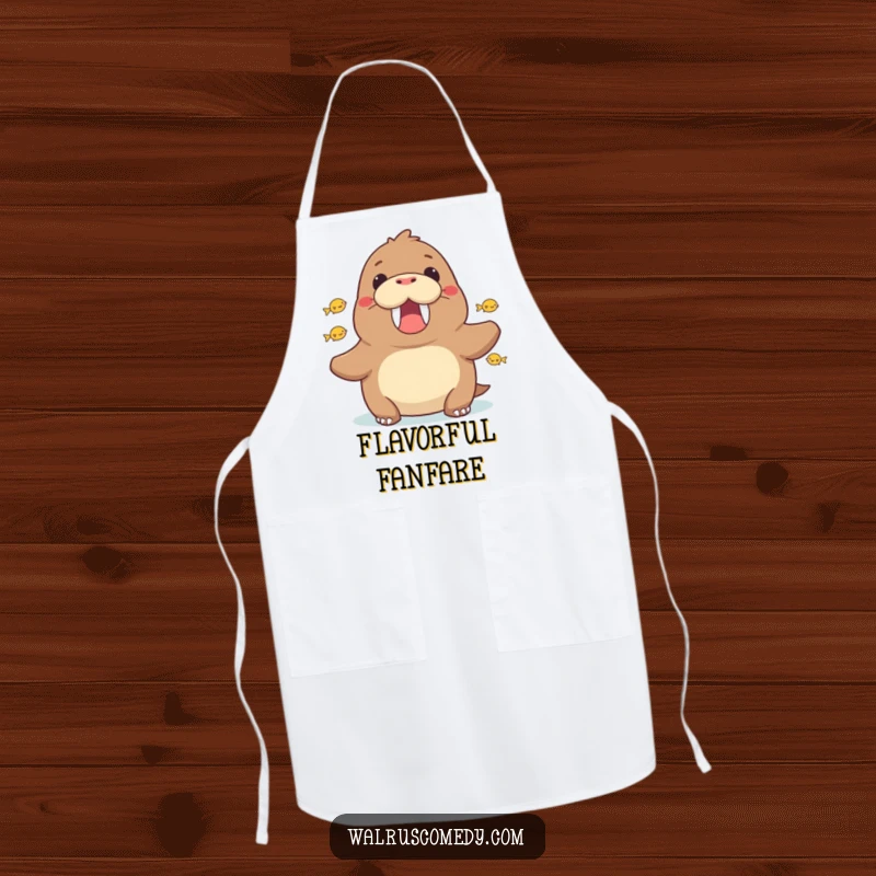 Funny walrus wearing an apron and cheering, a humorous kitchen accessory for enthusiastic cooks, practical and amusing.