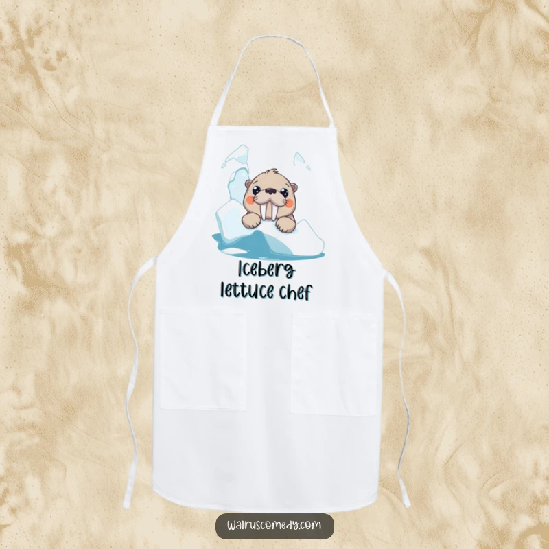 Funny walrus apron showing a curious animal with large eyes peaking out, adding a humorous element to kitchen activities.