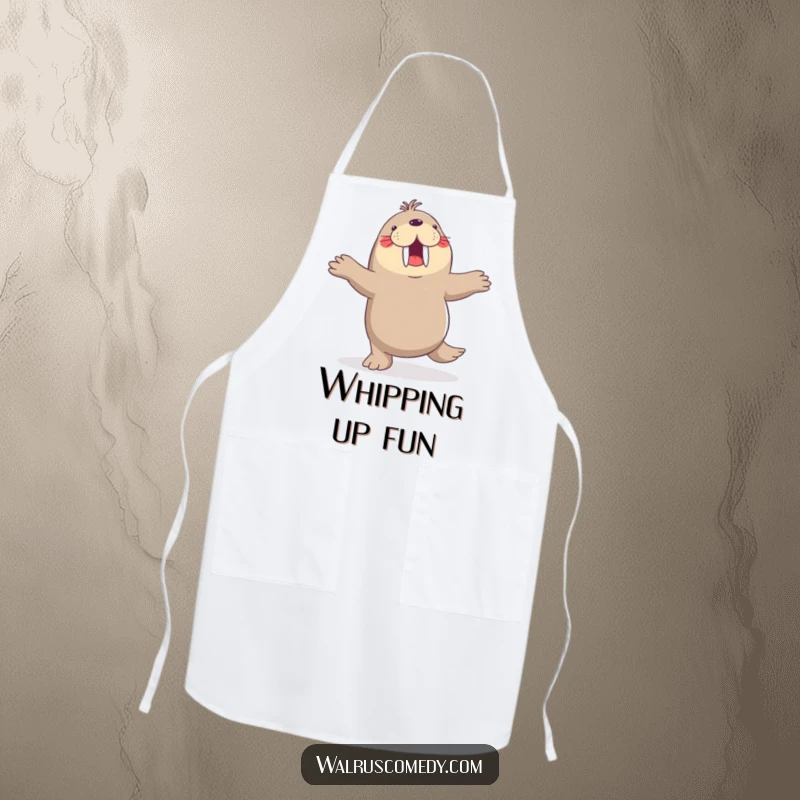 Funny apron, dancing walrus, flippers in the air, joyful, kitchen wear, perfect for chefs and dancers.