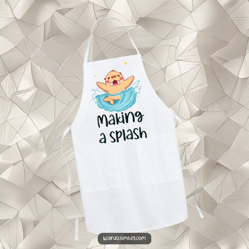 Funny Walrus Apron: A cheerful walrus dives into a sparkling wave, wearing a chef hat and ready to protect your clothes.