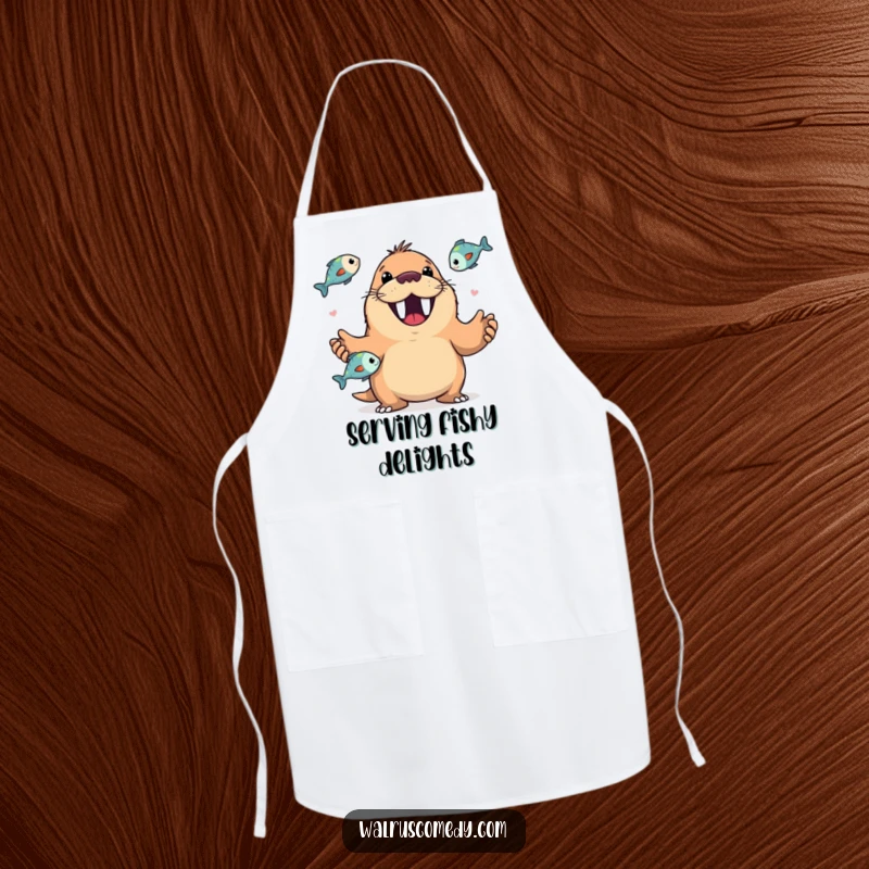 Funny apron showcasing a happy walrus with a wide, toothy grin skillfully juggling fish, ready for kitchen duties.