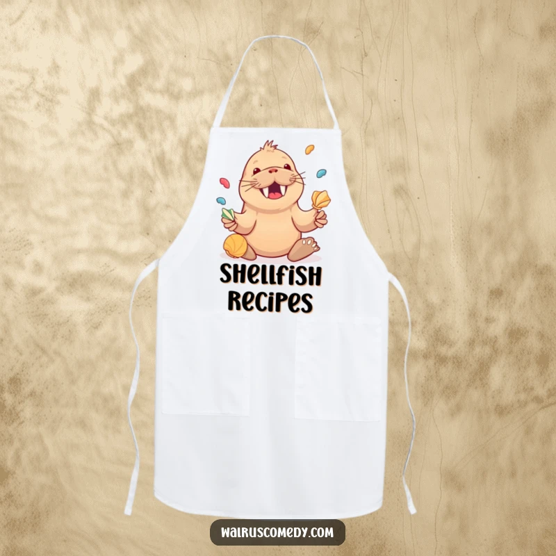 Funny Kawaii Walrus Juggling Seashells Apron, a happy walrus juggling shells, humorous kitchen wear.