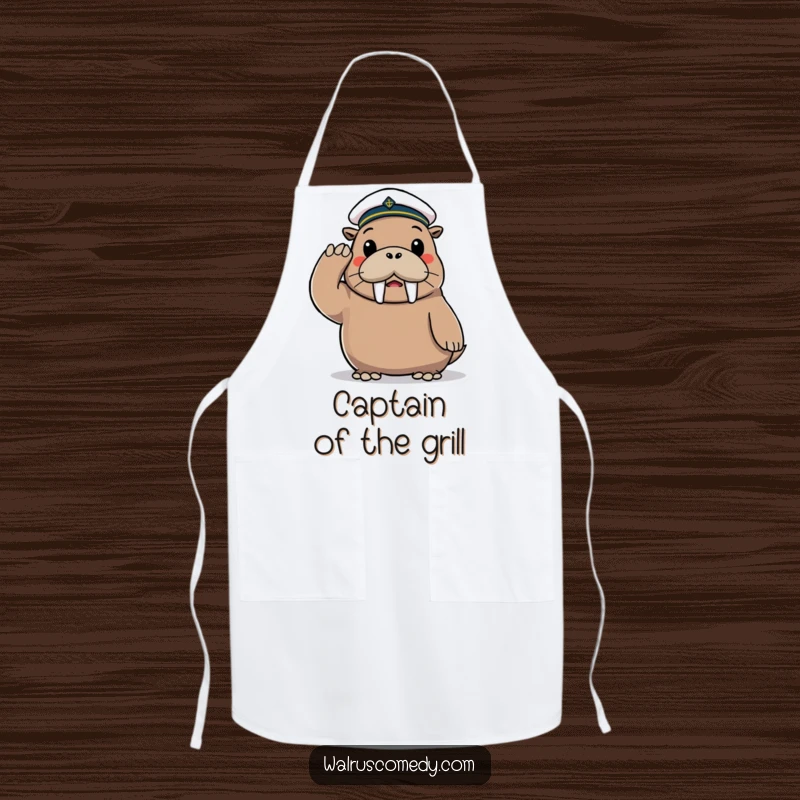 Funny Apron featuring a playful walrus character wearing a tiny sailor hat and saluting cheerfully.