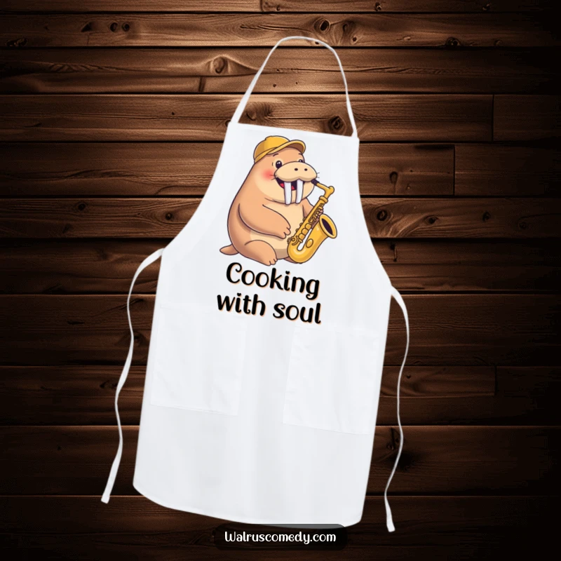 Funny apron showcasing a smiling walrus happily playing a saxophone with a jaunty cap, perfect for musical chefs.