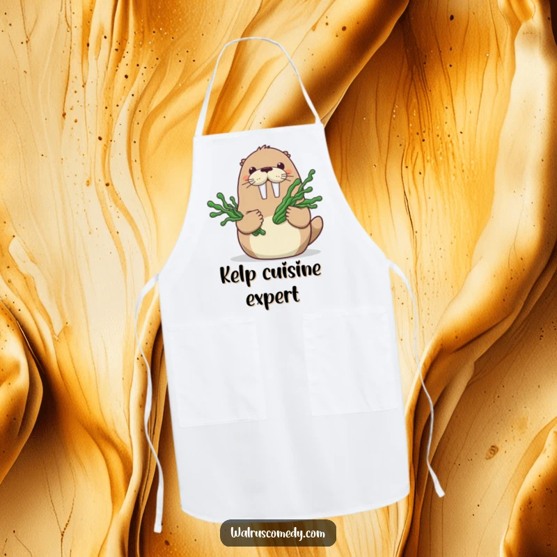 Funny apron featuring a happy walrus character holding a bouquet of seaweed, adding a charming oceanic touch to kitchen duties.