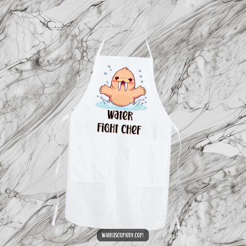 Funny Kawaii Walrus Splashing Water Apron, an energetic walrus splashing water, humorous kitchen wear.