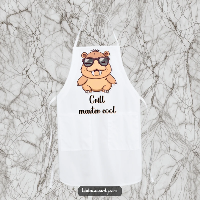 Funny walrus character winking energetically while wearing big sunglasses, printed on a fun apron for a humorous cooking experience