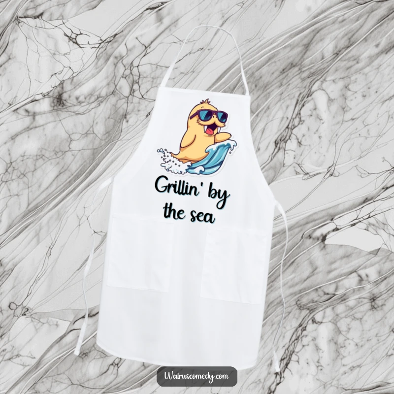 Funny walrus character apron wearing sunglasses, riding a wave with excitement, ideal for kitchen fun and as a funny gift.