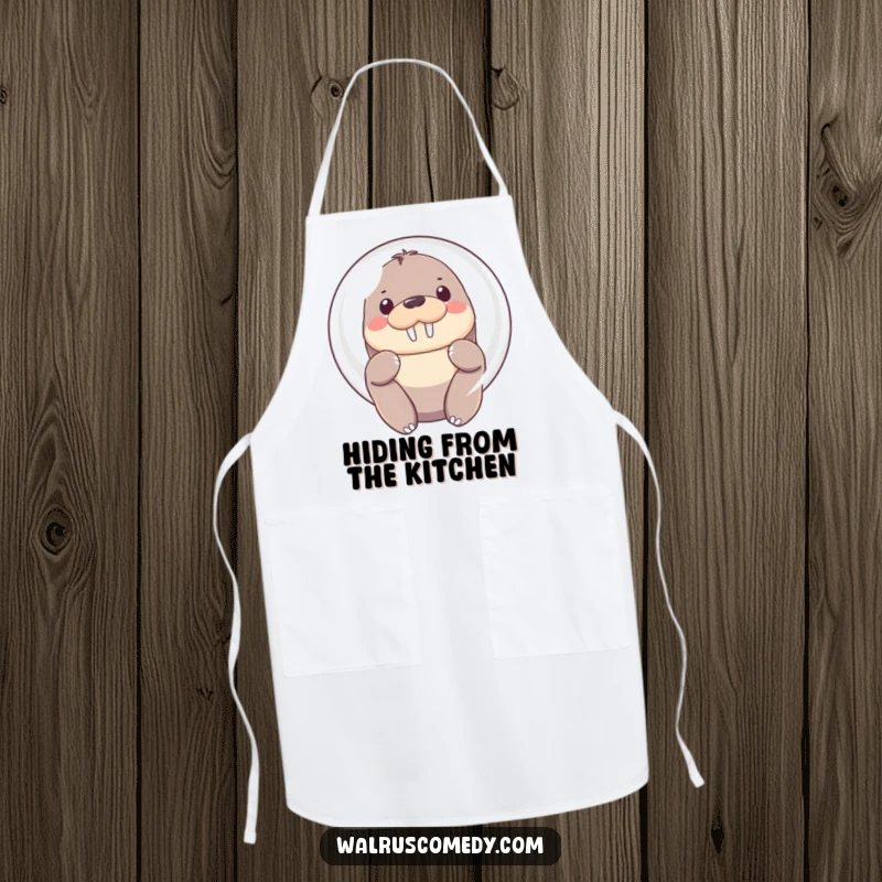 Funny Apron with a Kawaii walrus shyly peeking from behind a large, iridescent bubble, its soft eyes watching.