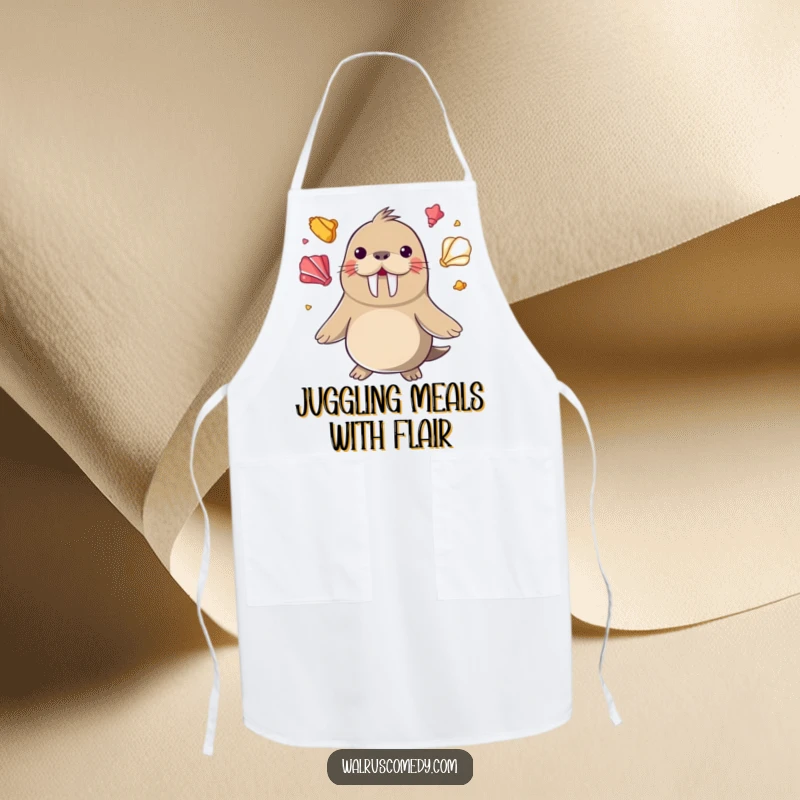 Funny happy walrus juggling colorful seashells with its flippers on a durable apron, a skillful funny gift.