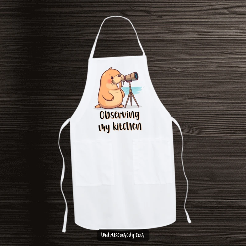 Funny walrus apron showing a curious walrus gazing through a telescope, ready for kitchen exploration and humorous cooking.