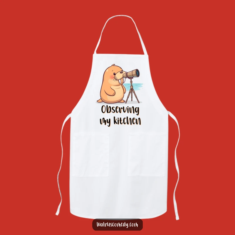 Funny Curious Walrus Telescope Apron: Cook Up Some Cosmic Fun