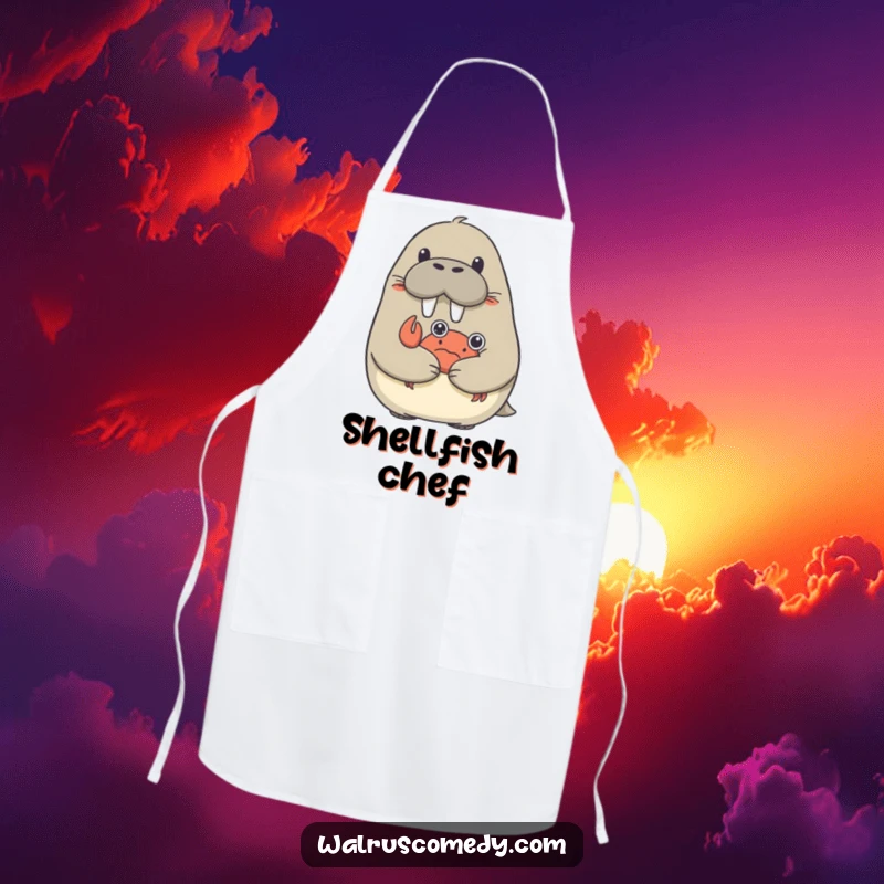 Funny kitchen apron showing a surprised walrus being hugged by a small crab, great for chefs.