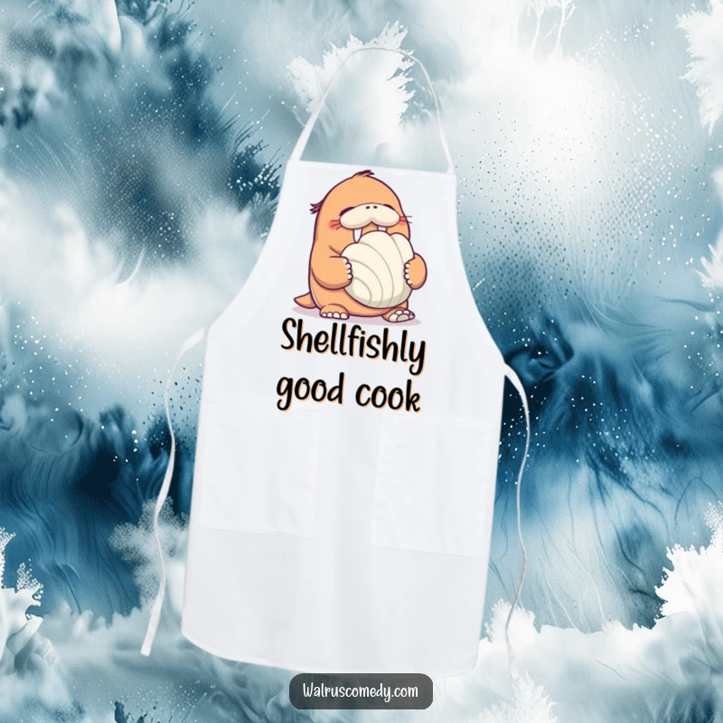 Funny Walrus Apron: A happy walrus giggles while holding a giant seashell and wearing a chef hat, ready to protect your clothes.