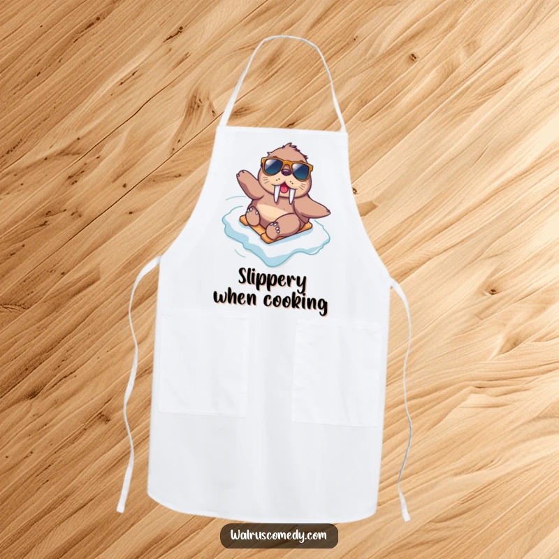 Funny kawaii walrus wearing sunglasses slides down an icy slope, ready to tackle kitchen tasks with this humorous apron.