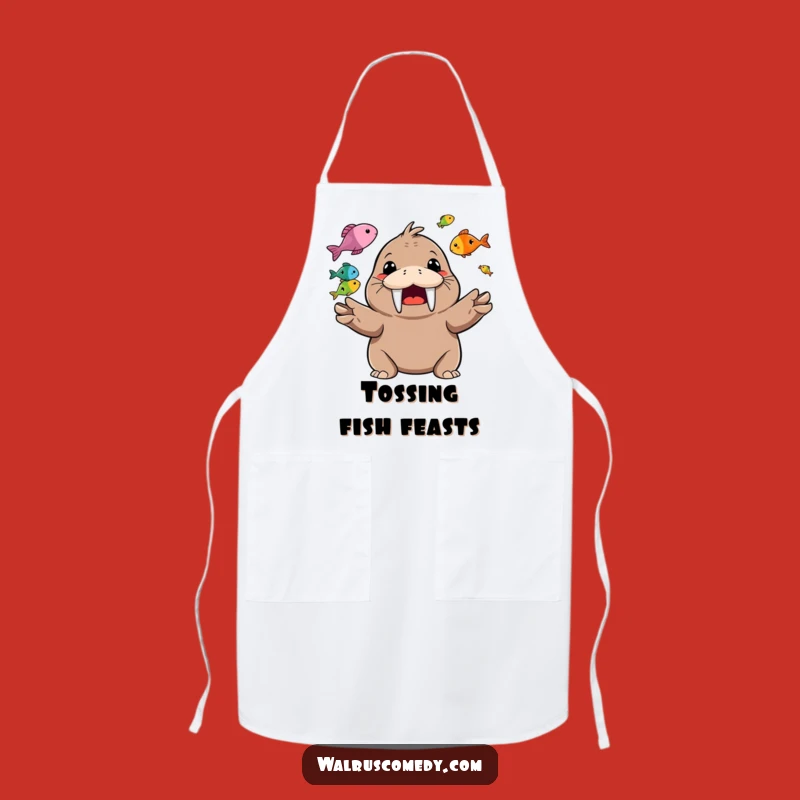 Funny Walrus Juggling Fish Apron: Happy Chef Character for Kitchen Fun