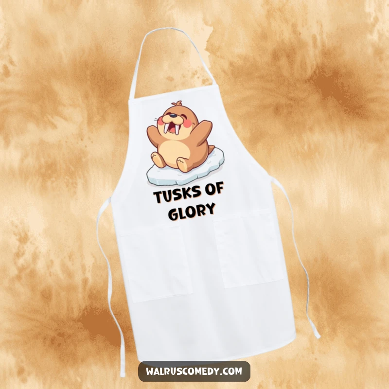 Funny apron showing an excited walrus character gleefully sliding down an icy slope, ready for kitchen fun and spills.
