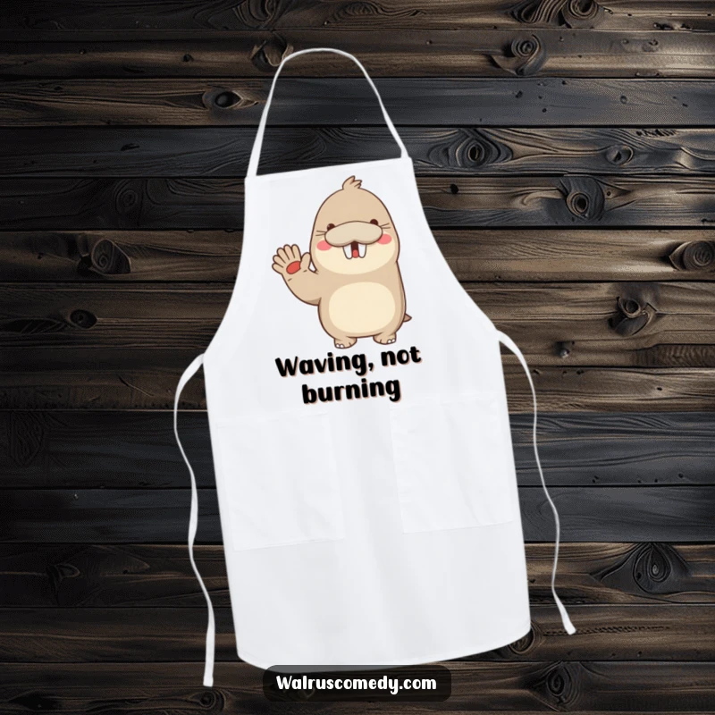 Funny apron with a kawaii walrus waving enthusiastically with a big smile, ready for cheerful kitchen adventures.