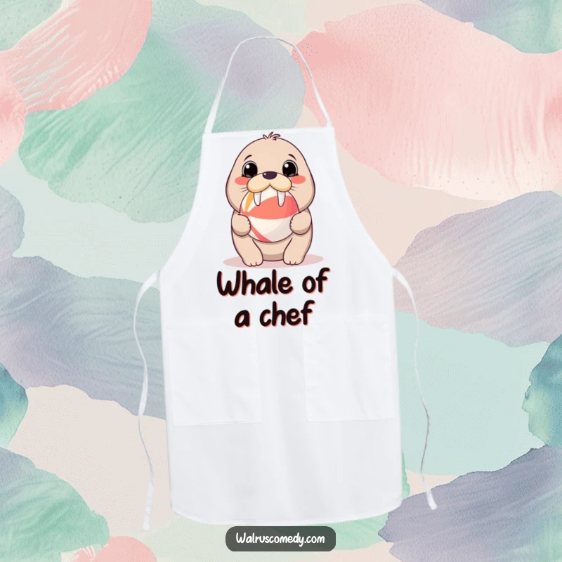 Funny apron with a kawaii walrus balancing a beach ball on its nose, perfect for home cooks who appreciate cute and playful designs.