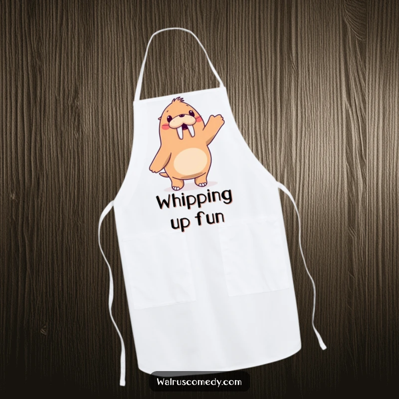Funny walrus character joyfully dancing with its flippers in the air, chef apron, humorous kitchen accessory.