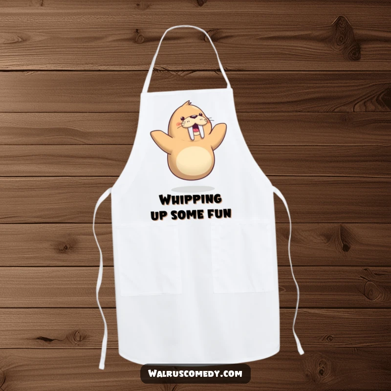 Funny apron featuring a happy walrus executing a joyful dance move in the kitchen, perfect for a chef with a sense of humor.
