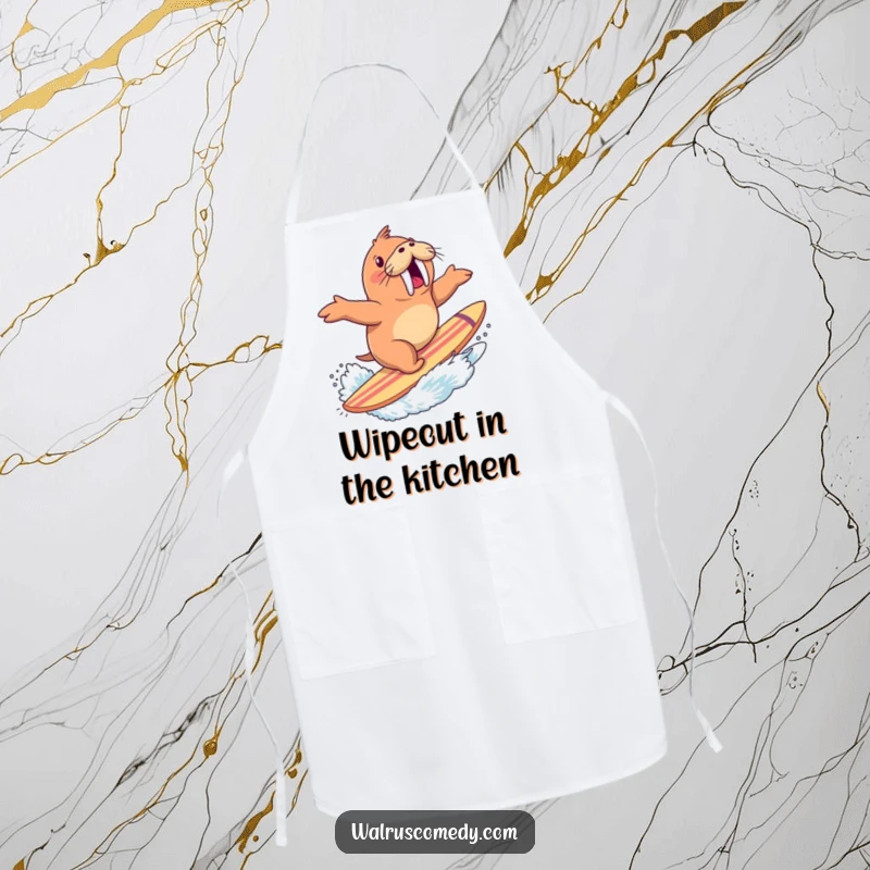 Funny apron showcasing an excited walrus expertly surfing a giant surfboard with a splash, ideal for kitchen adventurers.