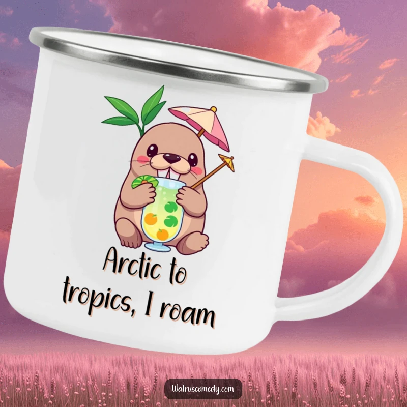 Funny camping mug featuring a walrus with a tiny umbrella in a tropical drink, ideal for humorous outdoor enjoyment and travel.