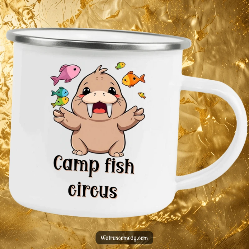 Funny Camping Mug featuring a happy walrus character juggling colorful fish with a wide, toothy grin.