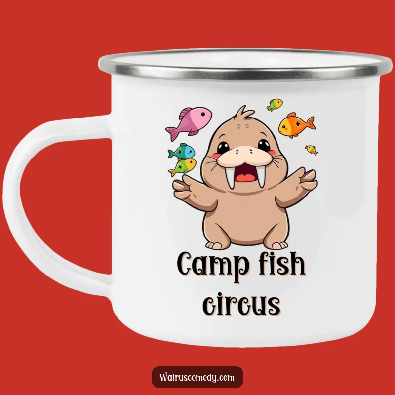 Funny Walrus Juggling Fish Camping Mug: Happy Character Adventure Drinkware