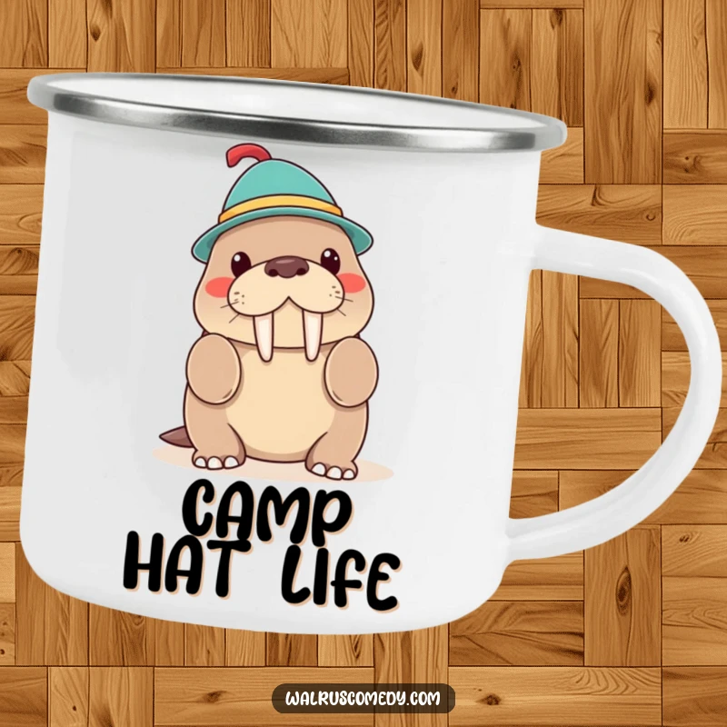 Funny Kawaii Walrus Hat Trick Camping Mug, a walrus balancing a hat, durable and stylish outdoor mug.
