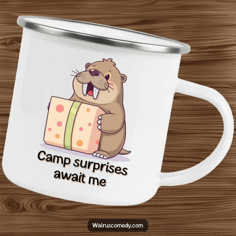 Funny camping mug featuring a walrus excitedly unwrapping a large gift, ideal for humorous outdoor beverage enjoyment.