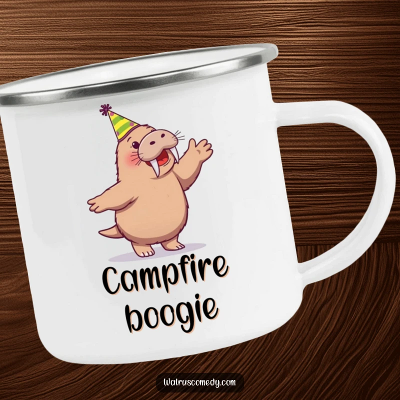 Funny camping mug with a cheerful walrus character dancing enthusiastically in a party hat, designed for outdoor festivities.