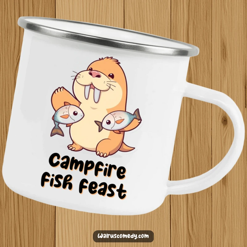 Funny walrus character camping mug, juggling two shiny fish with a grin, durable for adventures and a funny gift.