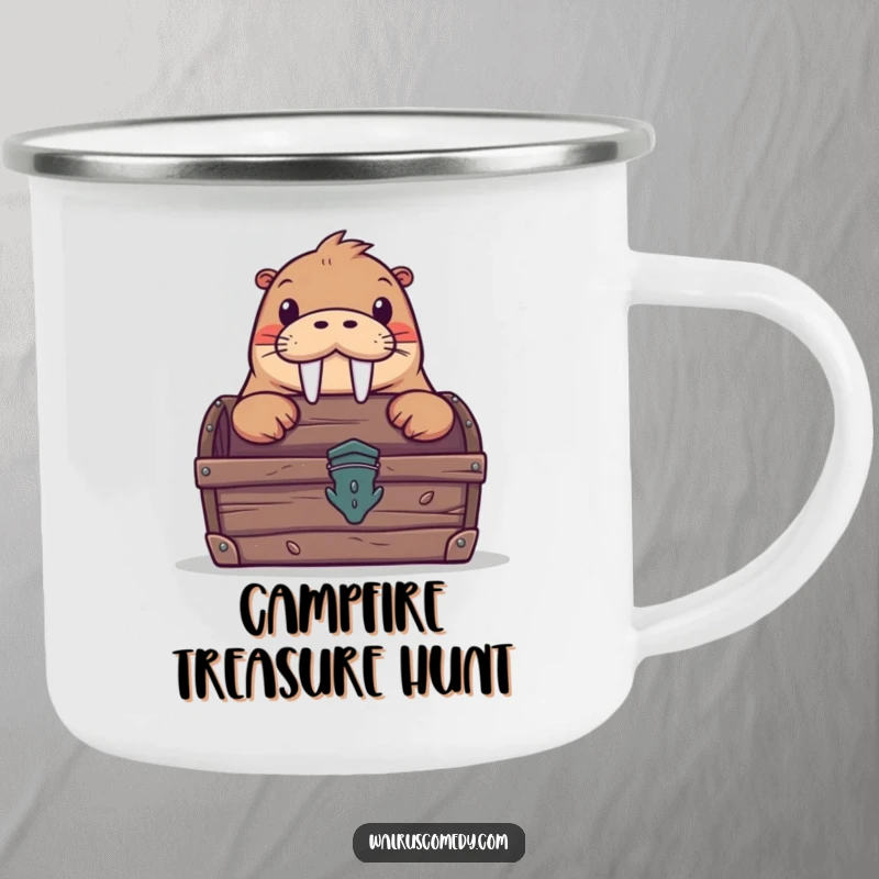 Funny camping mug with a curious walrus peeking from behind a treasure chest, designed for adventurers who enjoy a humorous start to their day.