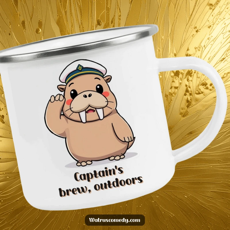 Funny Camping Mug featuring a playful walrus character wearing a tiny sailor hat and saluting cheerfully.