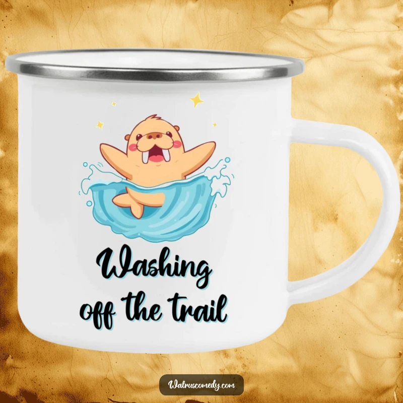 Funny Walrus Camping Mug: A rugged mug depicting a happy walrus diving into a sparkling wave, perfect for outdoor escapades.