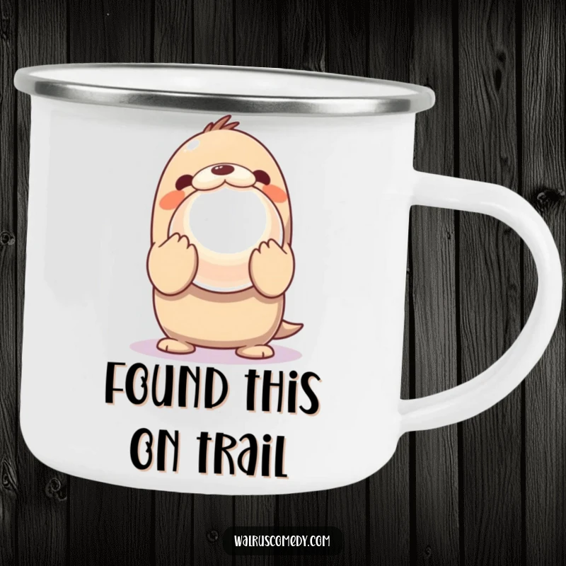 Funny Camping Mug with a Kawaii walrus excitedly presenting a shiny pearl, celebrating exploration and discovery.