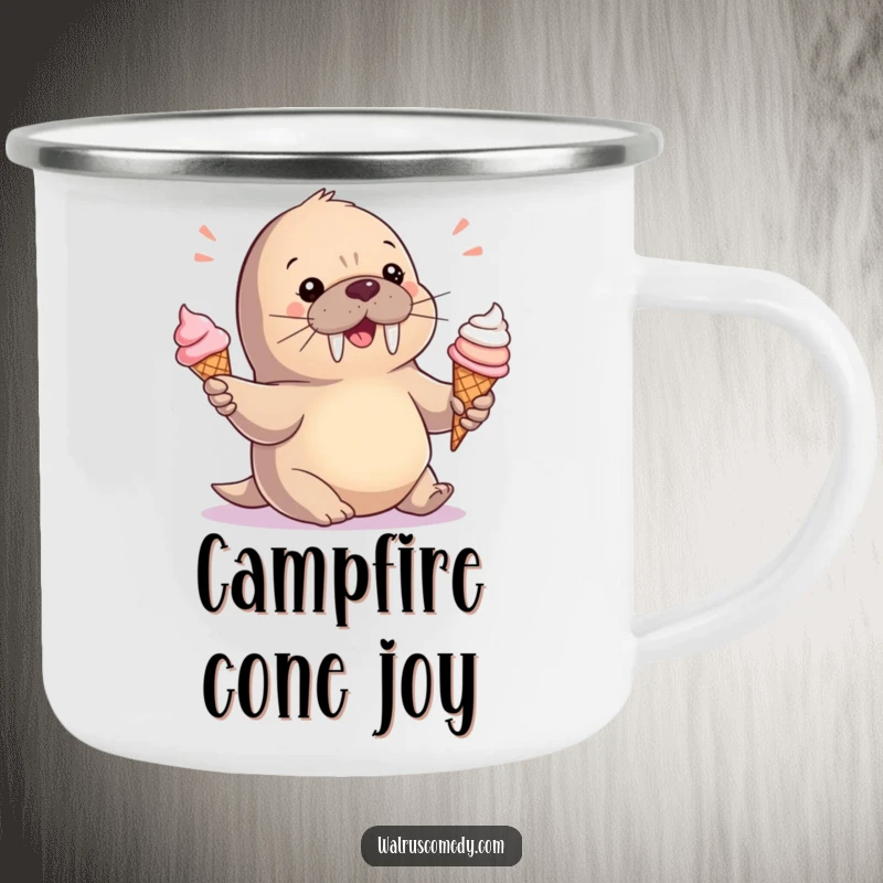Funny Camping Mug: A cute baby walrus juggles ice cream cones, perfect for enjoying treats outdoors.