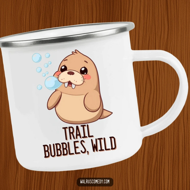 Funny kawaii walrus blowing a stream of bubbles, looking curious and happy, on a sturdy camping mug for outdoor enjoyment.